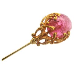 Antike Jugendstil 14k Gelbgold Große rosa Turmalin Detaillierte Hutnadel