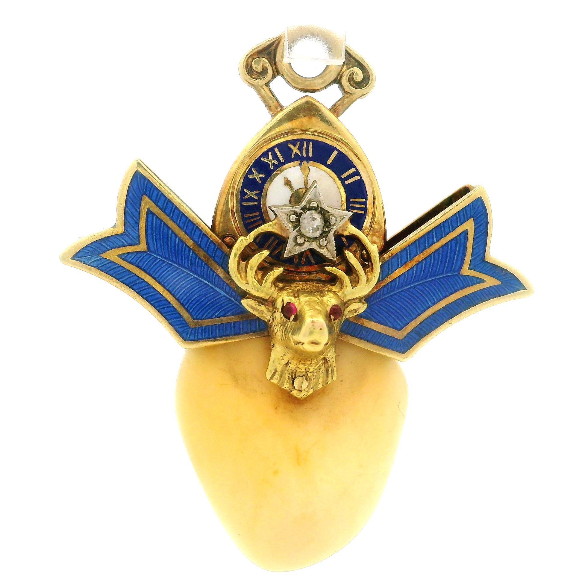 Pendentif art nouveau ancien en or jaune 14 carats avec émail bleu opérable sur le dessus en vente 2