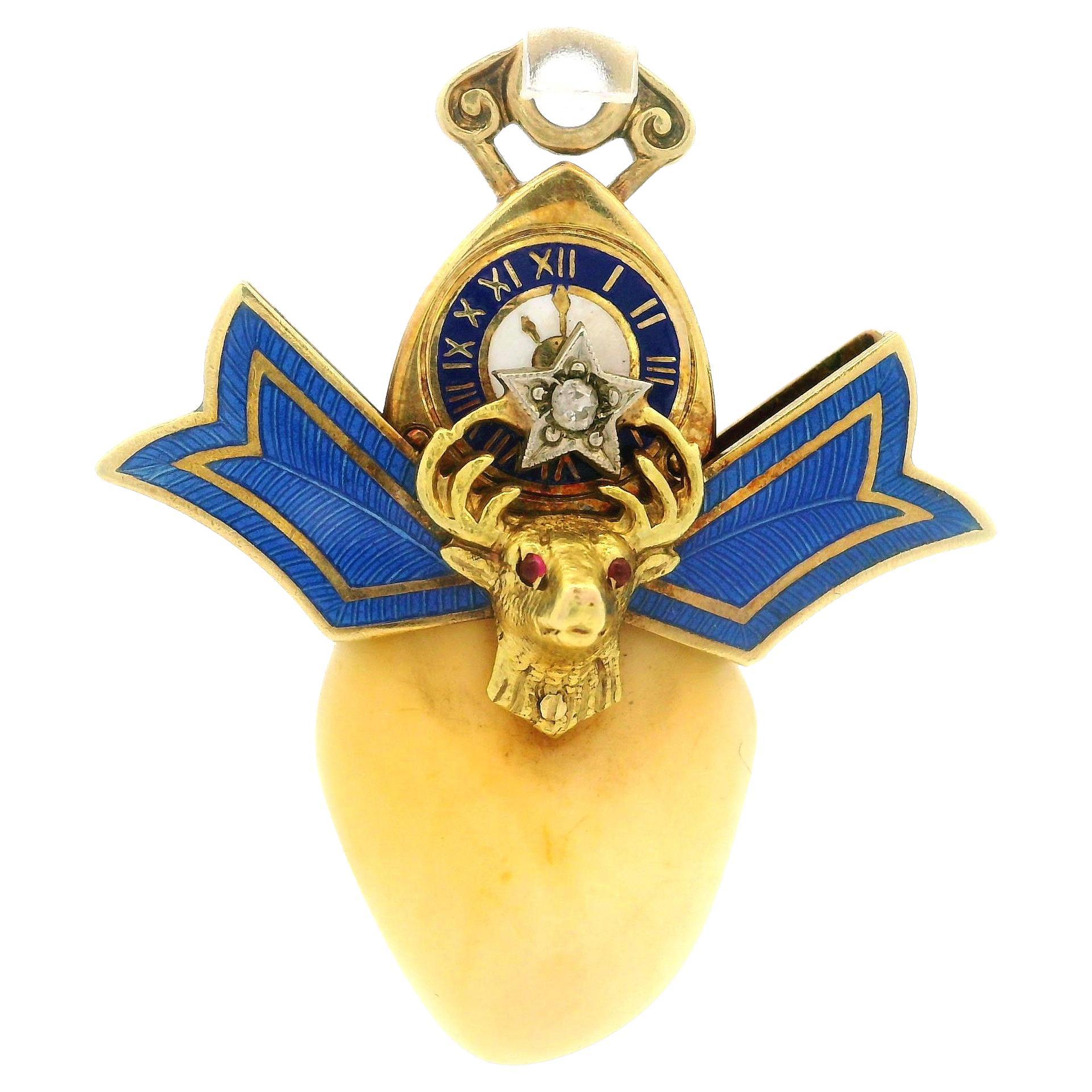 Antique Art Nouveau 14k Yellow Gold Operable Blue Enamel Top Elk Tooth Pendant