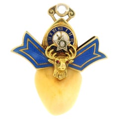 Antiker Jugendstil 14k Gelbgold Operable Blau Emaille Top Elfenbein Zahn Anhänger