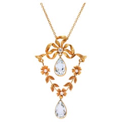 Antique Art Nouveau 14k Yellow Gold Topaz Pearl and Diamond Bow Detail Necklace