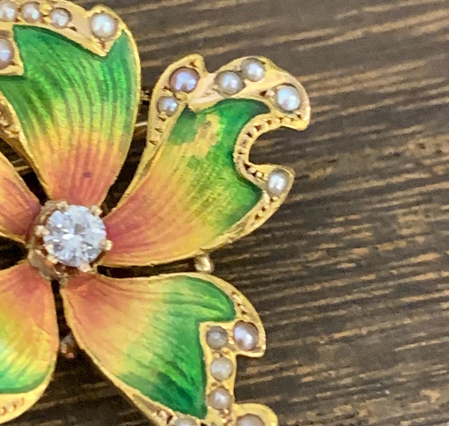 Antique Art Nouveau 14 Karat Diamond and Seed Pearl Enamel Flower Pendant Brooch For Sale 1