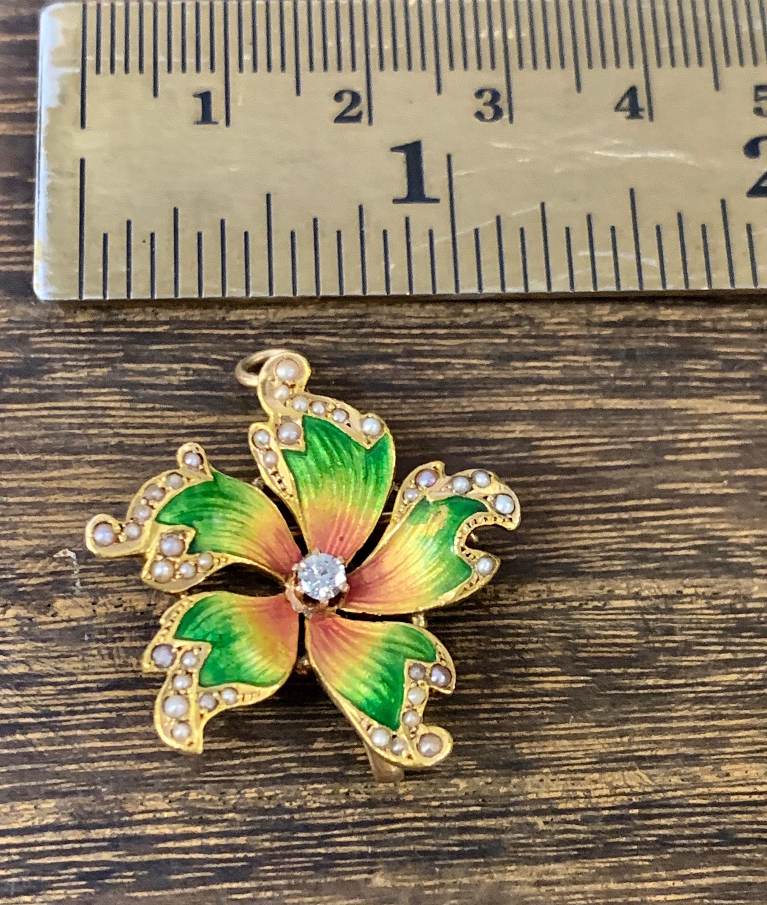 Antique Art Nouveau 14 Karat Diamond and Seed Pearl Enamel Flower Pendant Brooch For Sale 2