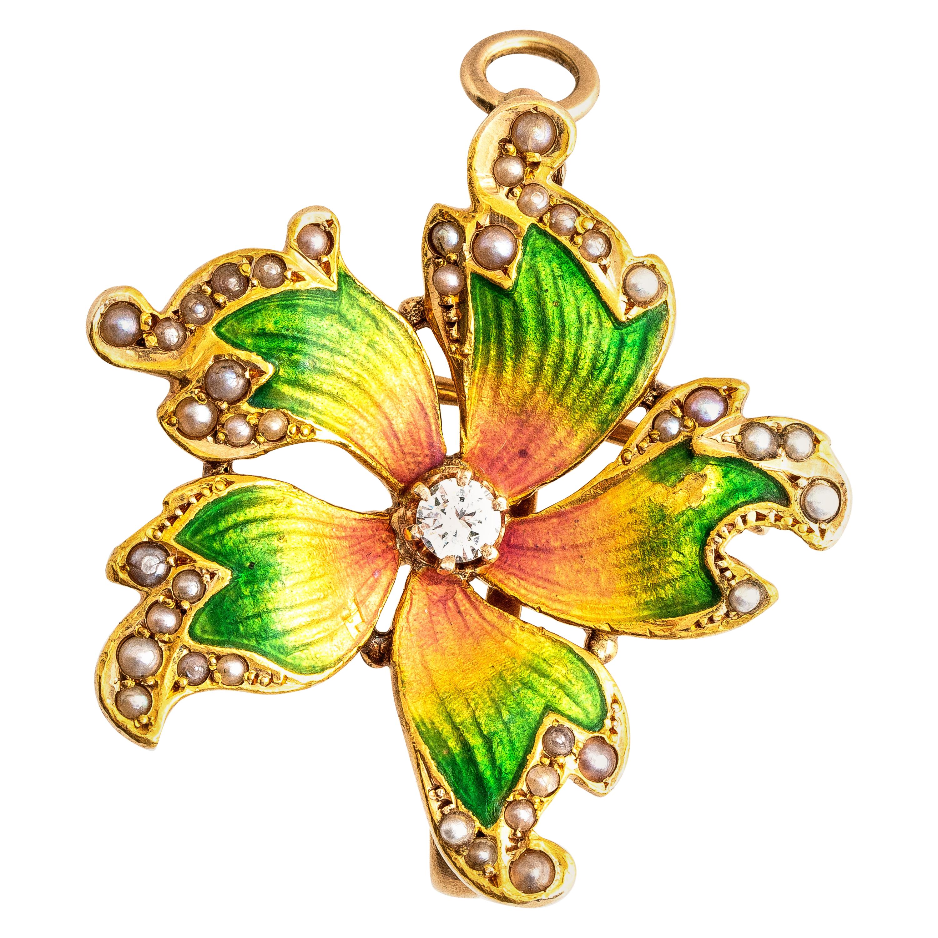 Antique Art Nouveau 14 Karat Diamond and Seed Pearl Enamel Flower Pendant Brooch For Sale