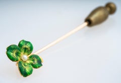 Antique Art Nouveau 14ky Enamel and Pearl Clover Leaf Stick Pin