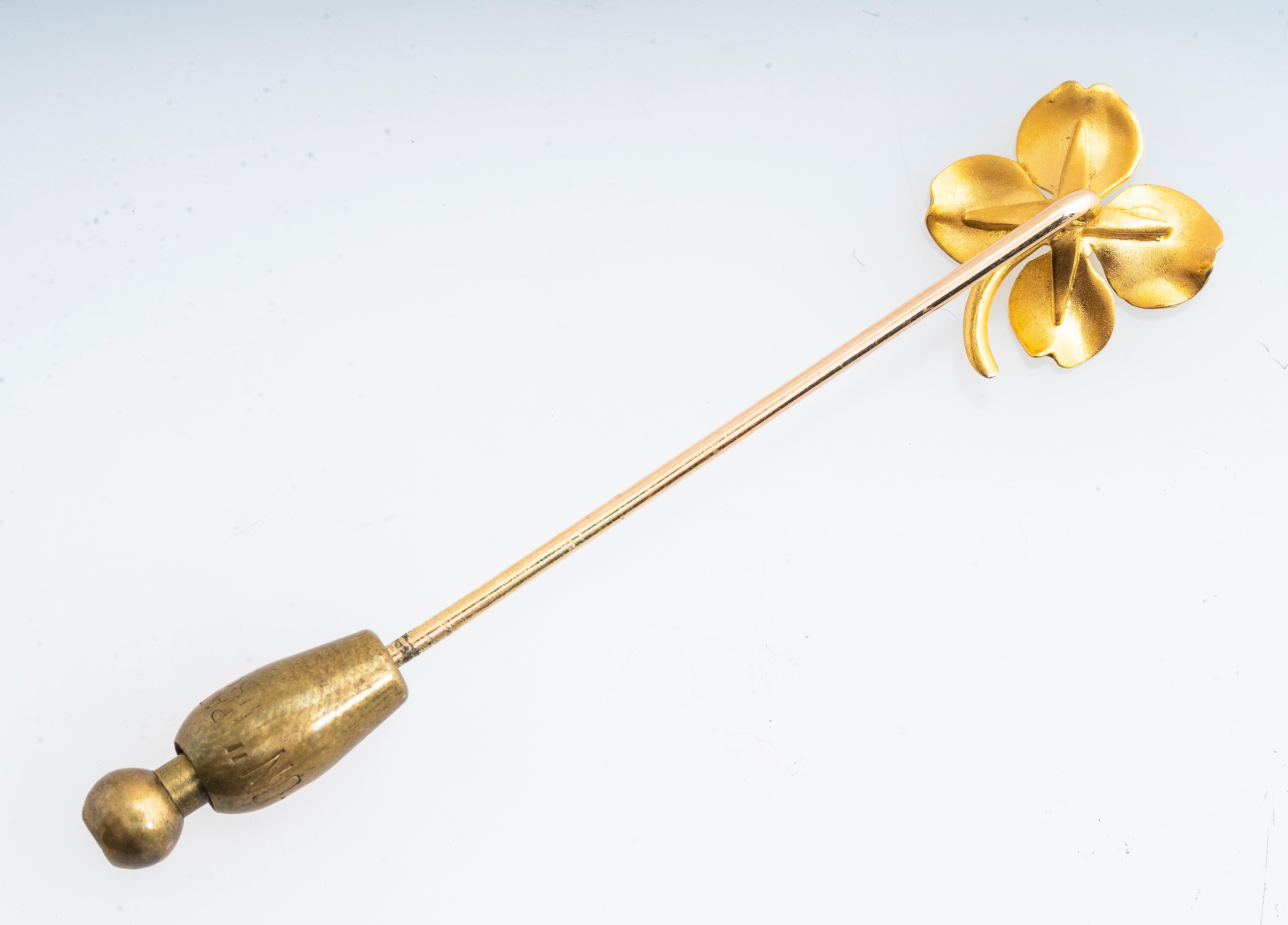 Antique Art Nouveau 14ky Enamel and Pearl Clover Leaf Stick Pin In Good Condition In San Diego, CA