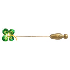 Antique Art Nouveau 14ky Enamel and Pearl Clover Leaf Stick Pin