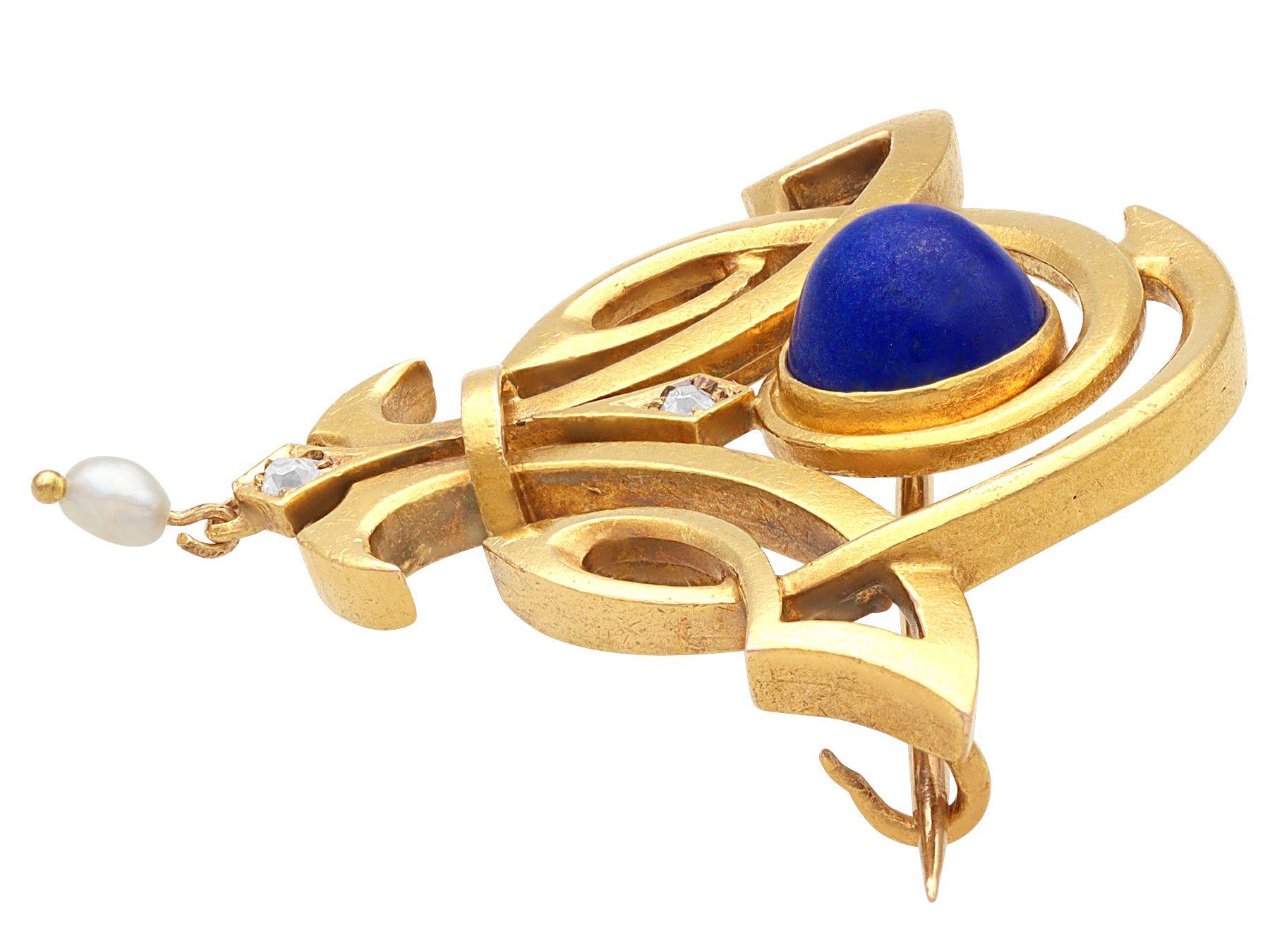 Antique Art Nouveau 1.59 Carat Lapis Lazuli Diamond Pearl Yellow Gold Brooch In Excellent Condition For Sale In Jesmond, Newcastle Upon Tyne
