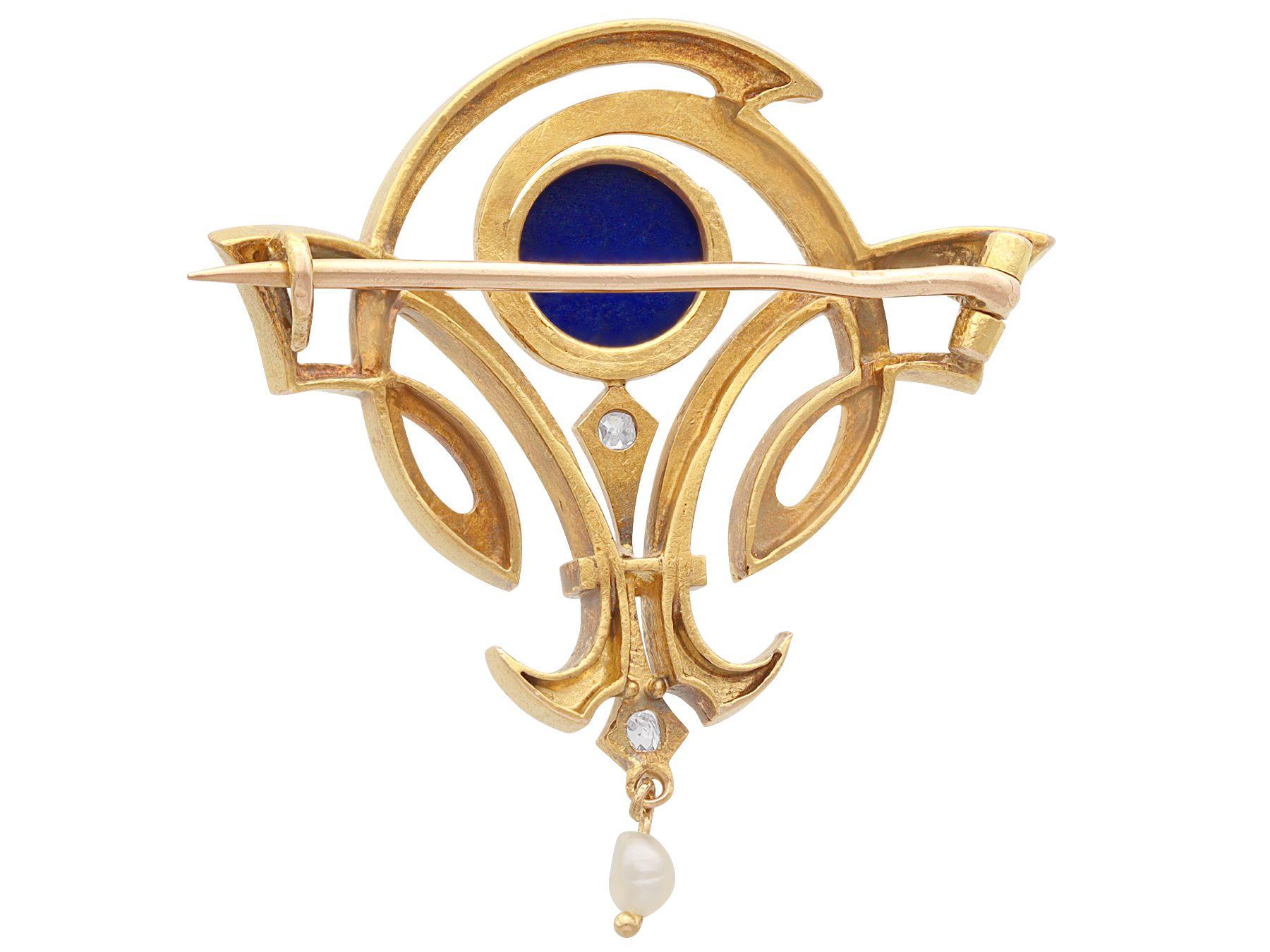Women's or Men's Antique Art Nouveau 1.59 Carat Lapis Lazuli Diamond Pearl Yellow Gold Brooch For Sale