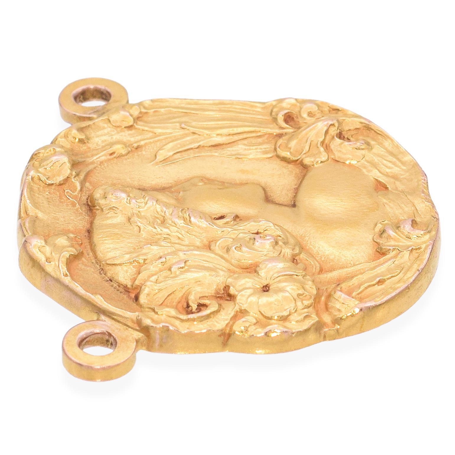 Women's Antique Art Nouveau 15k Yellow Gold Nymph Medallion Pendant For Sale