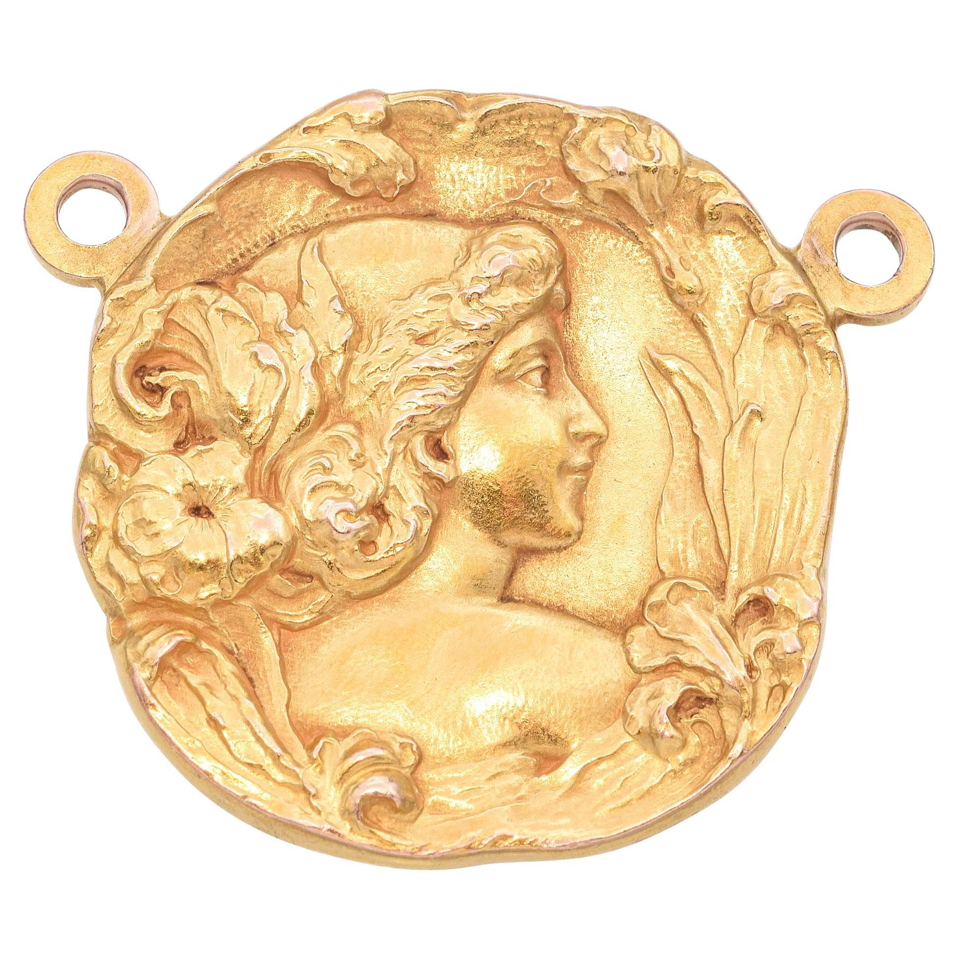 Antique Art Nouveau 15k Yellow Gold Nymph Medallion Pendant For Sale
