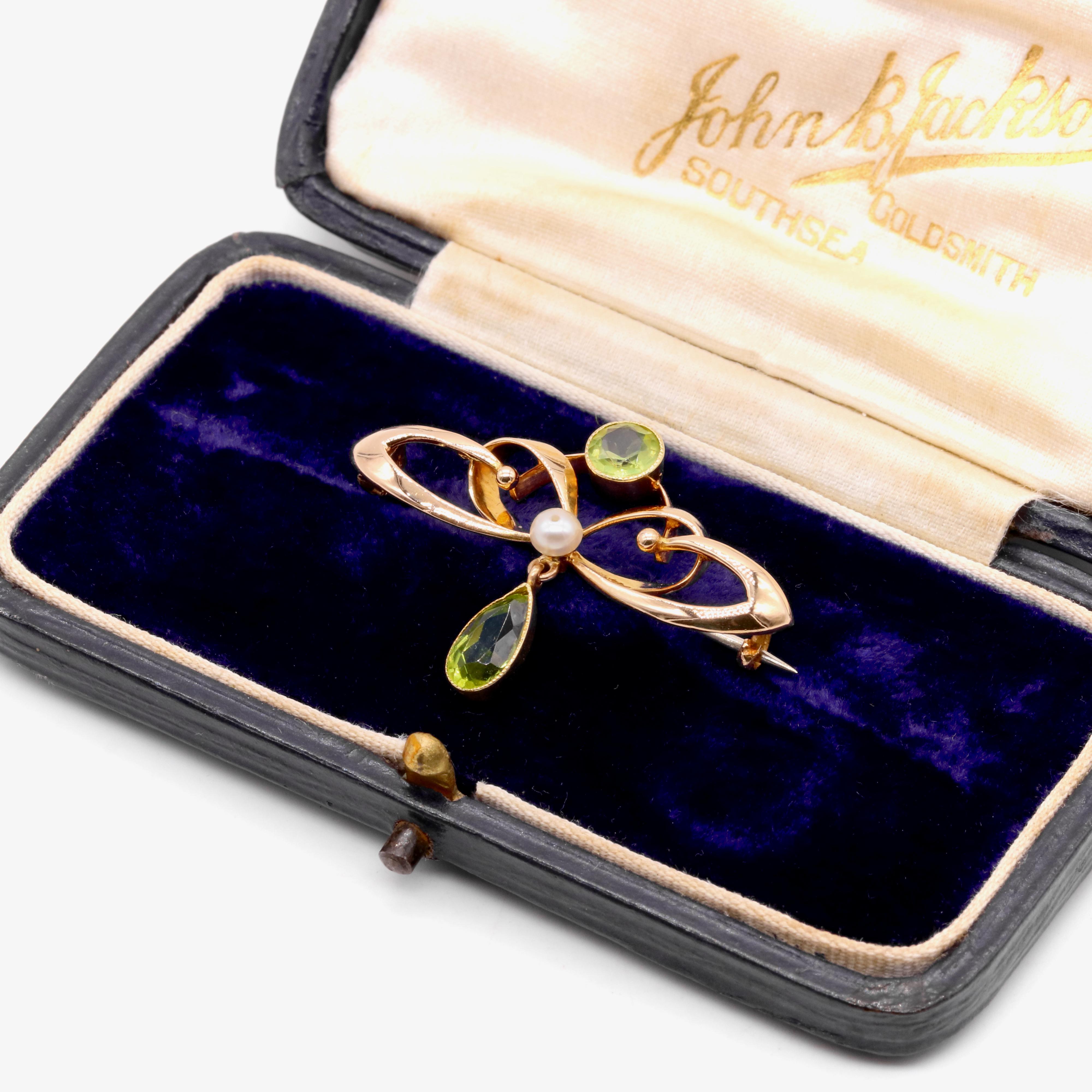 Antique Art Nouveau 15K Yellow Gold Peridot and Pearl Brooch, in Original Case