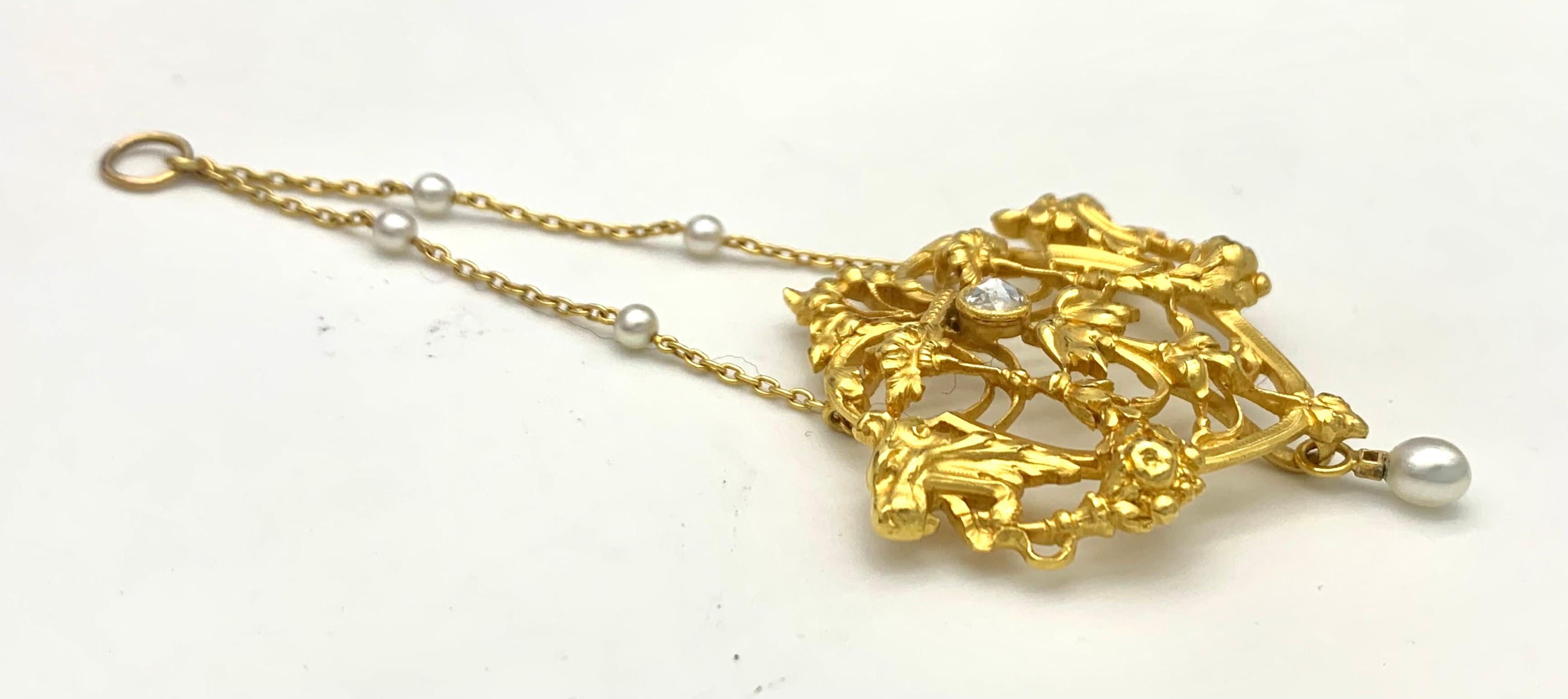 Round Cut Antique Art Nouveau 18k Gold Diamond Pendant Necklace Lion Poppy Oriemtal Pearls For Sale