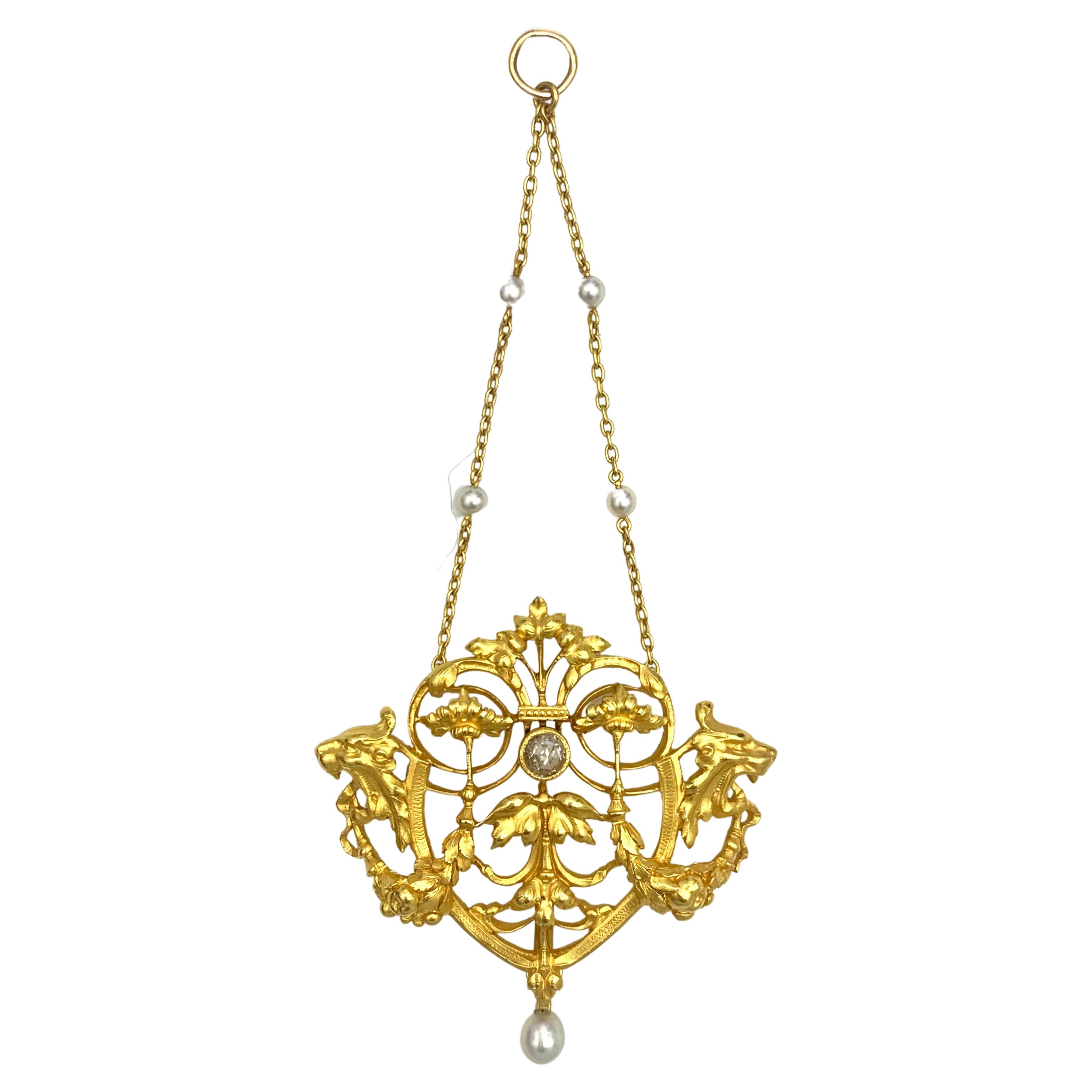 Antique Art Nouveau 18k Gold Diamond Pendant Necklace Lion Poppy Oriemtal Pearls For Sale