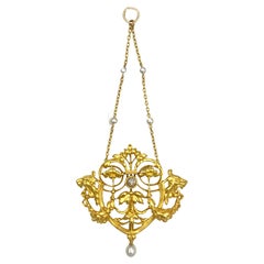 Antique Art Nouveau 18k Gold Diamond Pendant Necklace Lion Poppy Oriemtal Pearls
