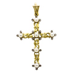 Antique Art Nouveau 18 Karat Gold Diamonds and Pearls Cross