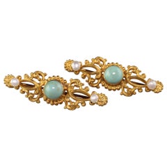 Antique Art Nouveau 18 Karat Yellow Gold Turquoise and Pearl Collar Pins