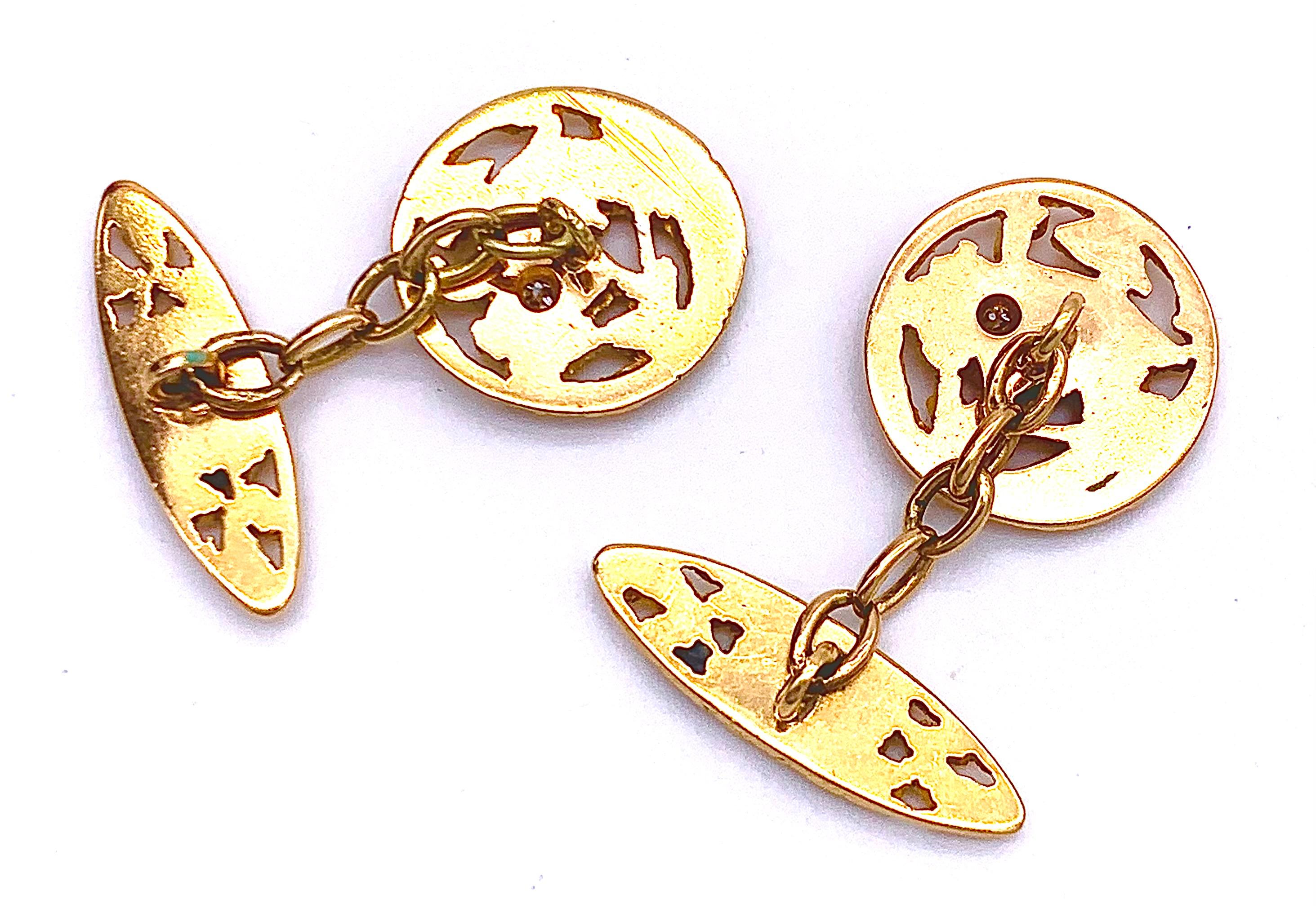 Round Cut Antique Art Nouveau 18 Kt Gold Diamonds Cufflinks Dolphins Roses Ginko Leaves