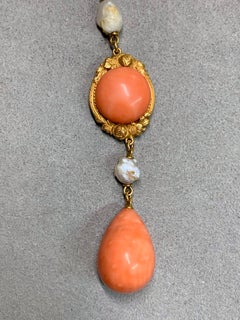 Antique Art Nouveau 18K Floral Motif Cabochon Pink Coral Pearl Y - Drop Necklace