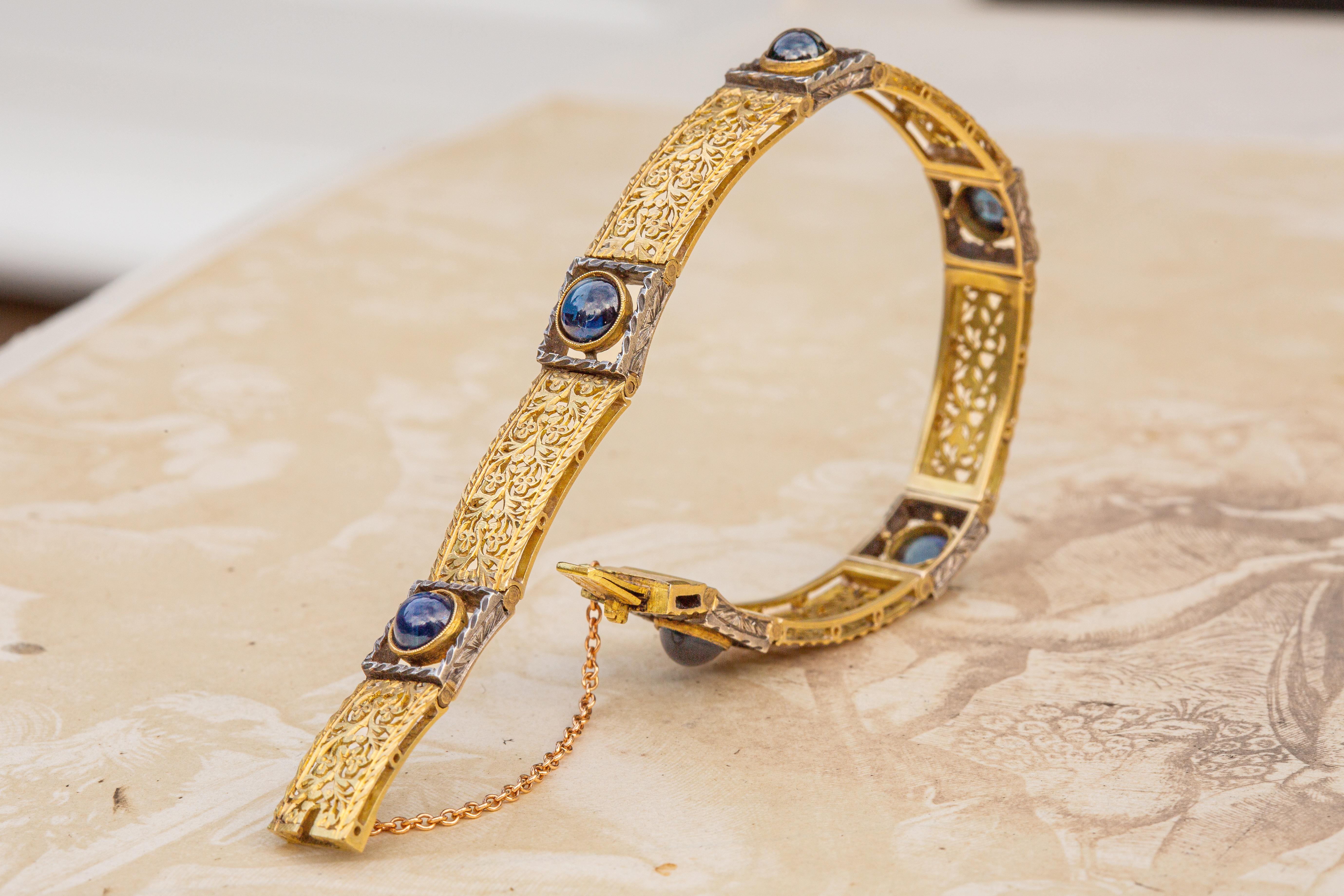 Cabochon Antique Art Nouveau 18K Gold Bracelet with Sapphires c.1900
