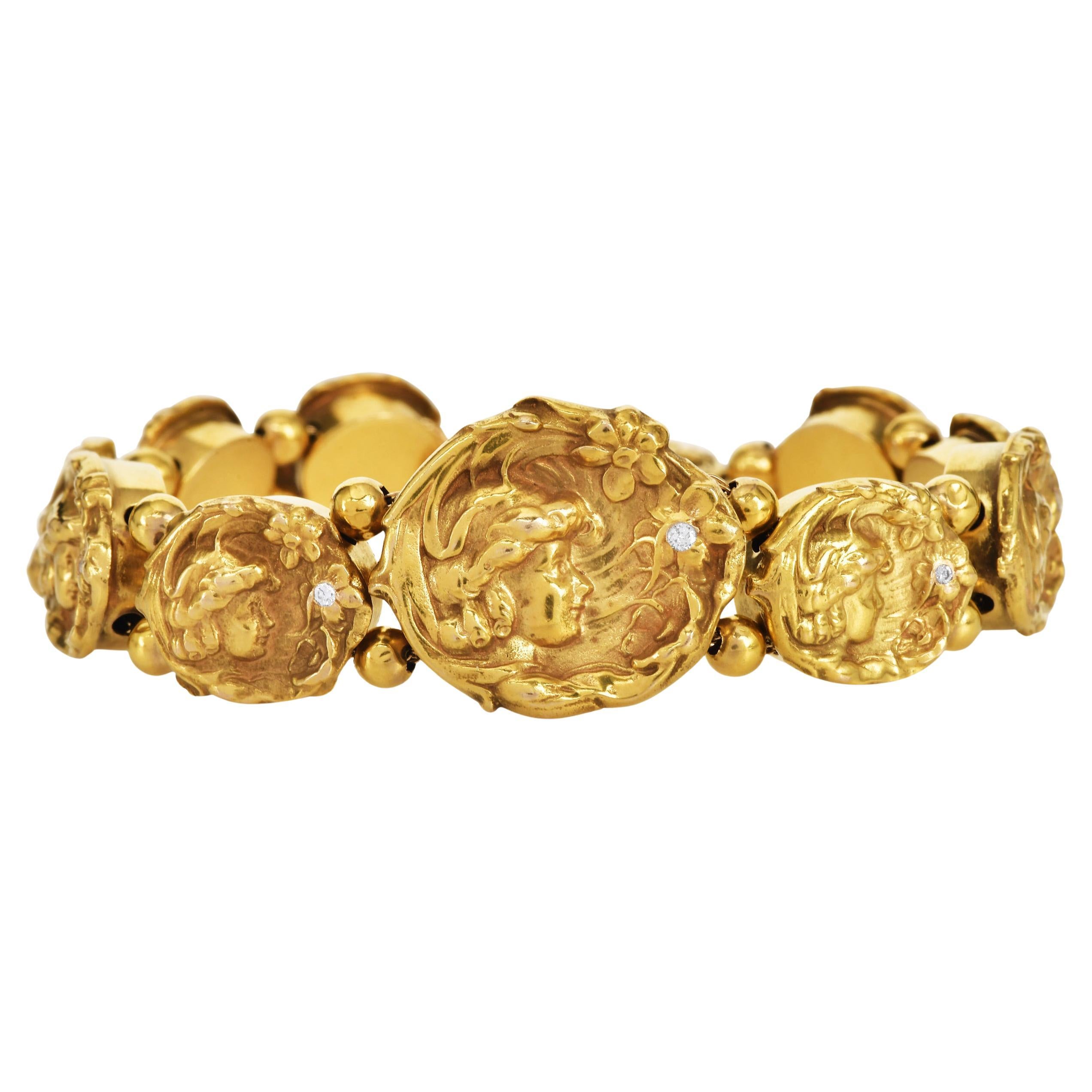 Antique Art Nouveau 18k Gold Child Motif Diamond Slide Bracelet For Sale