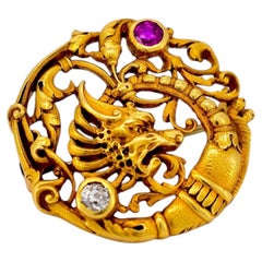 Antique Art Nouveau 18k Gold Chimera Brooch, Ruby & Diamond - Andre Kauffer