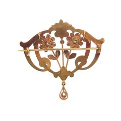 Antique Art Nouveau 18k Gold Diamond Seed Pearl Enamel Work Flower Pin Brooch