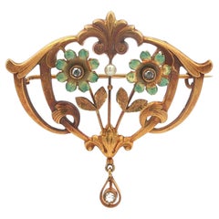 Antique Art Nouveau 18k Gold Diamond Seed Pearl Enamel Work Flower Pin Brooch