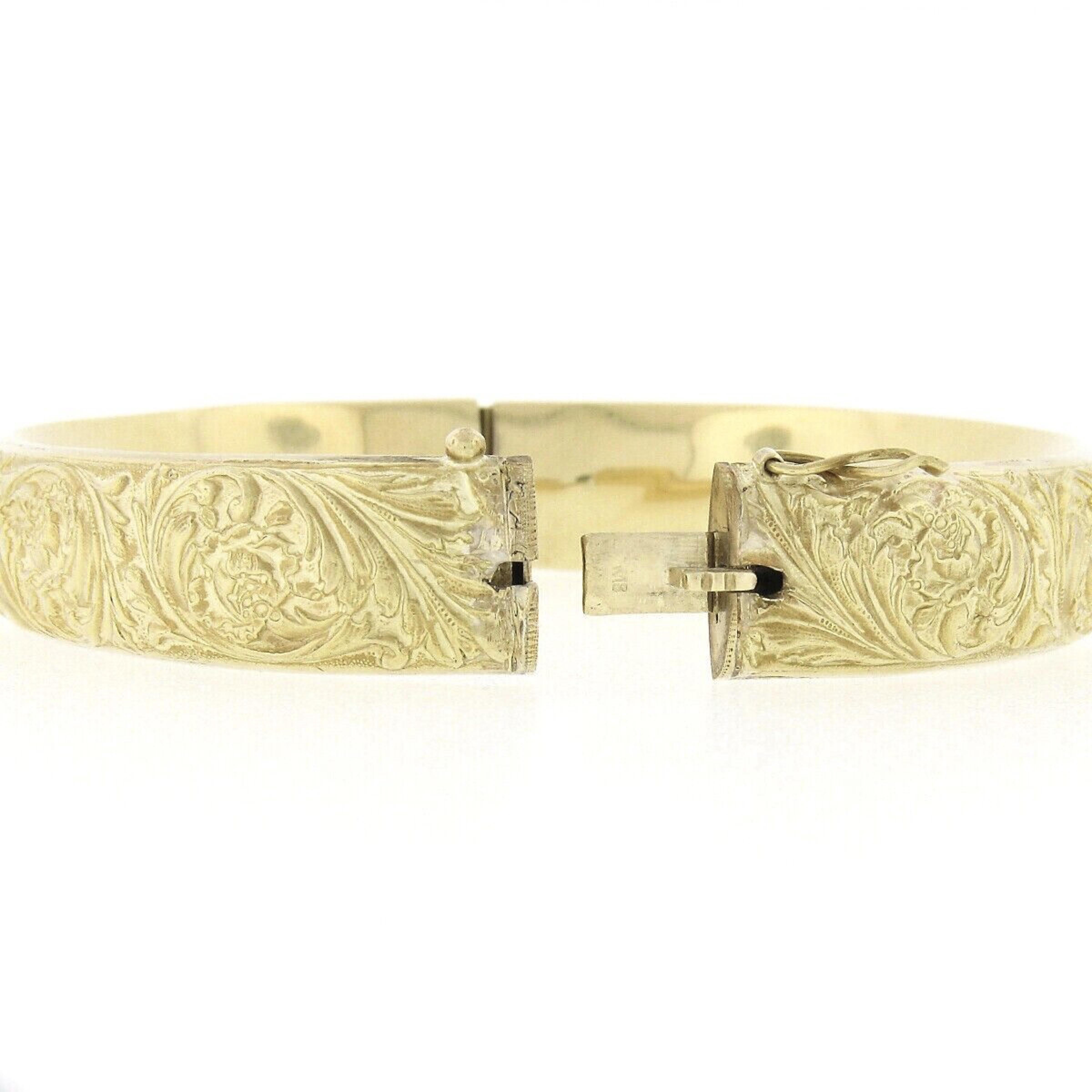 Women's or Men's Antique Art Nouveau 18K Gold Floral Repousse Oval Hinged Open Bangle Bracelet