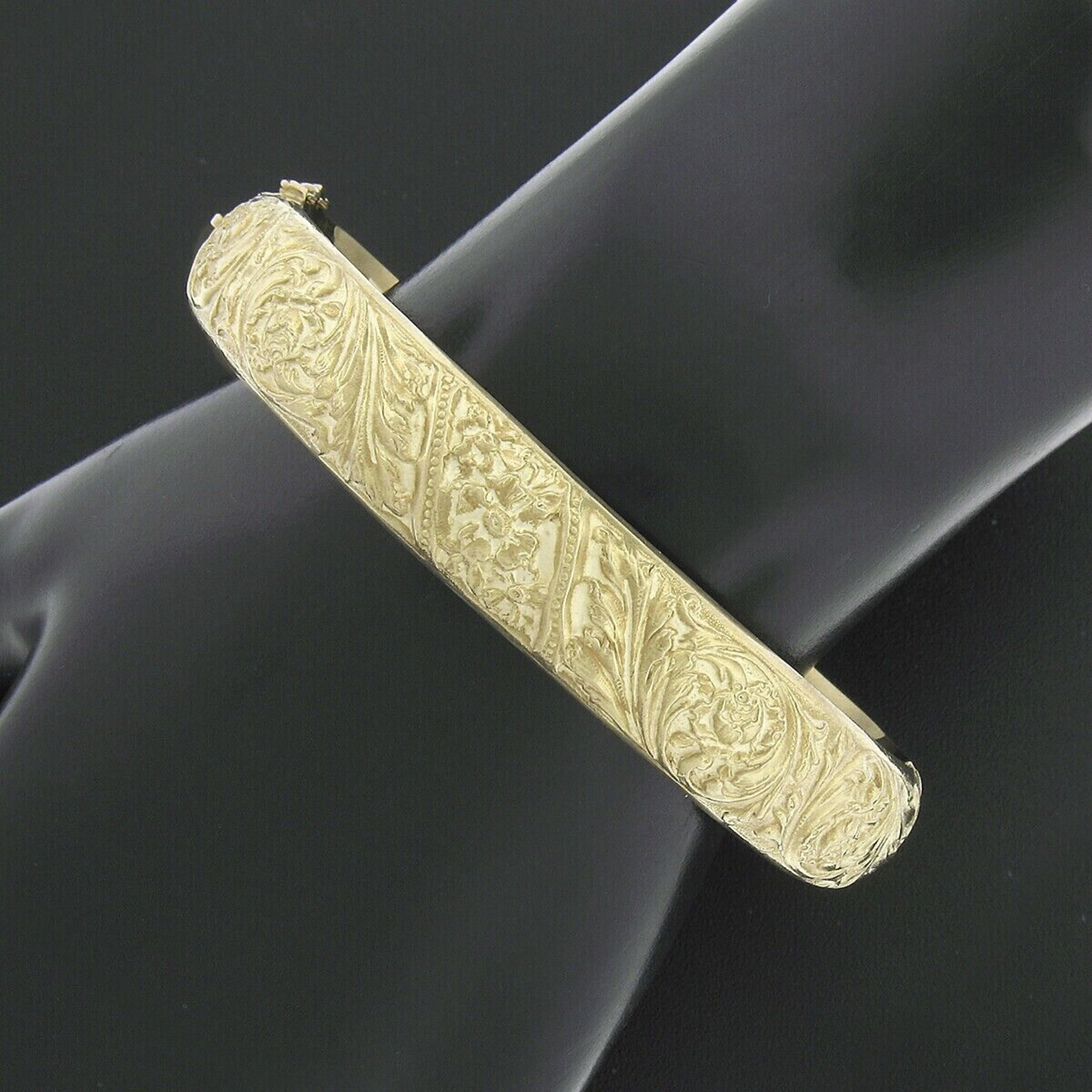Antique Art Nouveau 18K Gold Floral Repousse Oval Hinged Open Bangle Bracelet 3