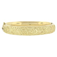 Antique Art Nouveau 18K Gold Floral Repousse Oval Hinged Open Bangle Bracelet