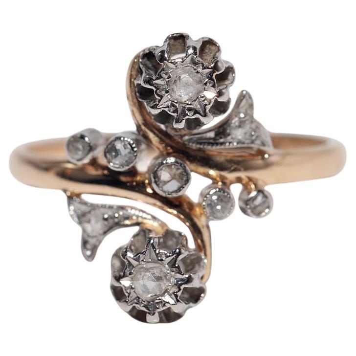 Anillo de diamantes naturales talla rosa en oro de 18 quilates antiguo Art Nouveau artesanal