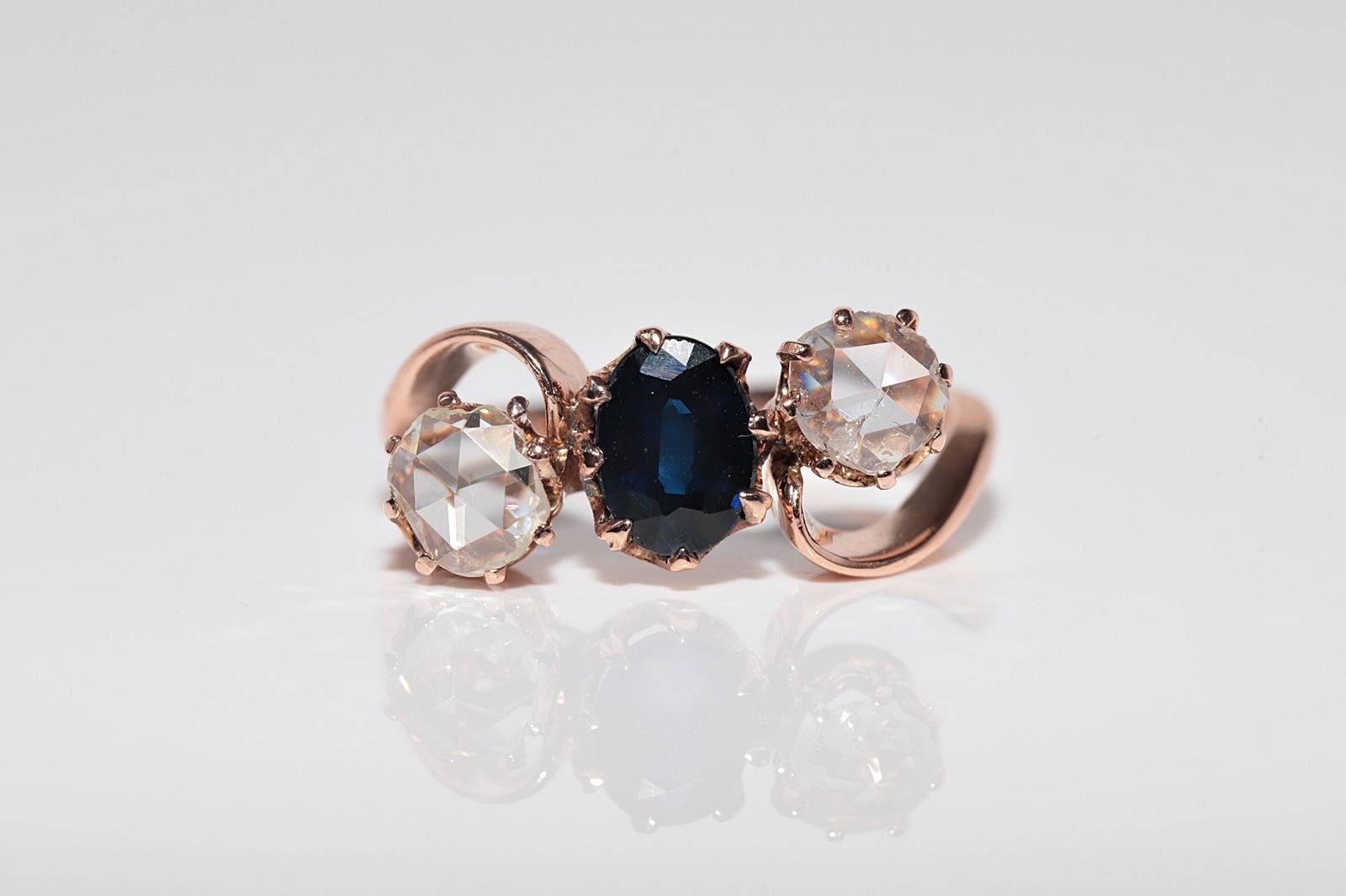 Antike  Jugendstil 18k Gold Natürlicher Diamant und Saphir im Rosenschliff Ring im Angebot 3