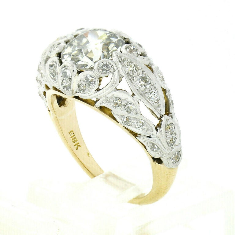 Women's Antique Art Nouveau 18k Gold Old Cut Diamond Pierced Floral Work Domed Band Ring