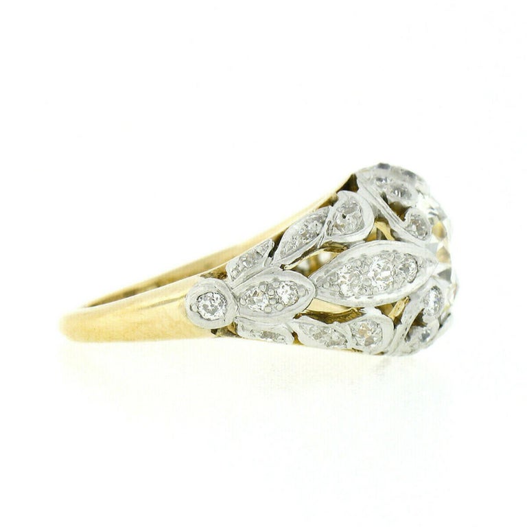 Antique Art Nouveau 18k Gold Old Cut Diamond Pierced Floral Work Domed Band Ring 3