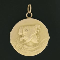 Antique Art Nouveau 18k Gold Repousse Work w/ Lady Medallion Open Locket Pendant