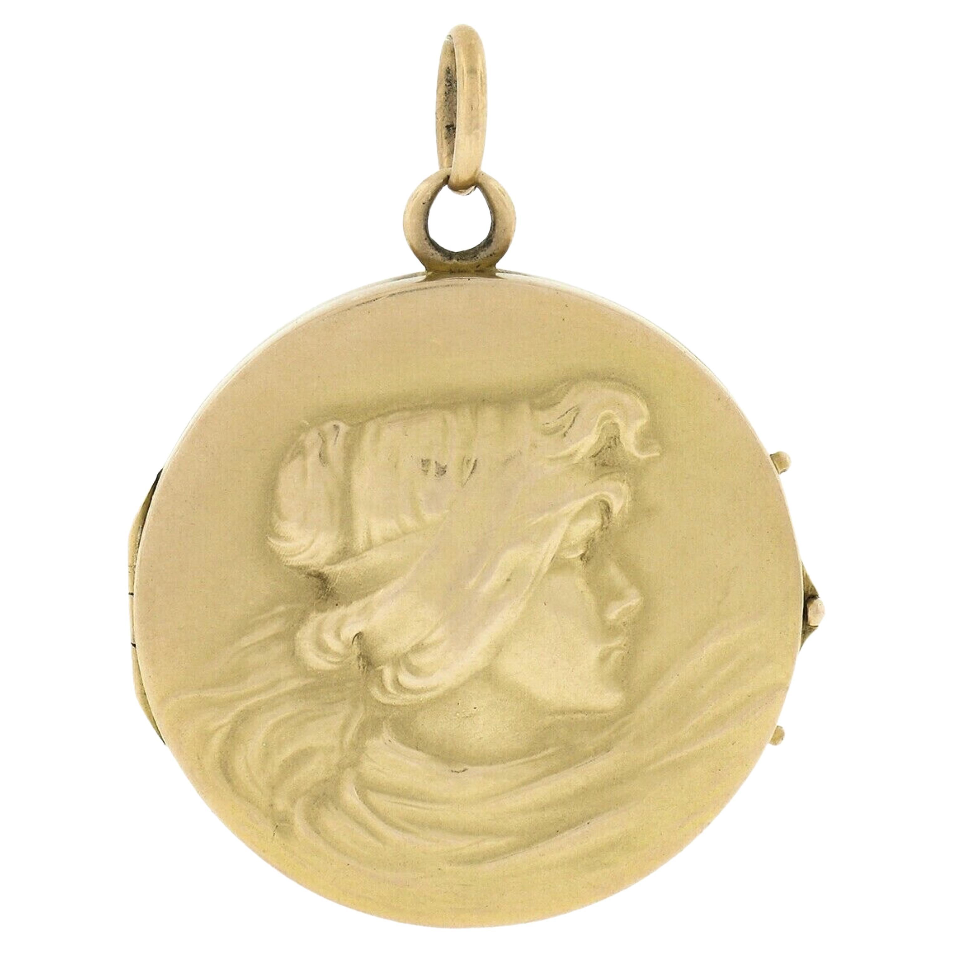 Antique Art Nouveau 18k Gold Repousse Work w/ Lady Medallion Open Locket Pendant For Sale