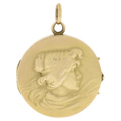 Vintage Art Nouveau 18k Gold Repousse Work w/ Lady Medallion Open Locket Pendant