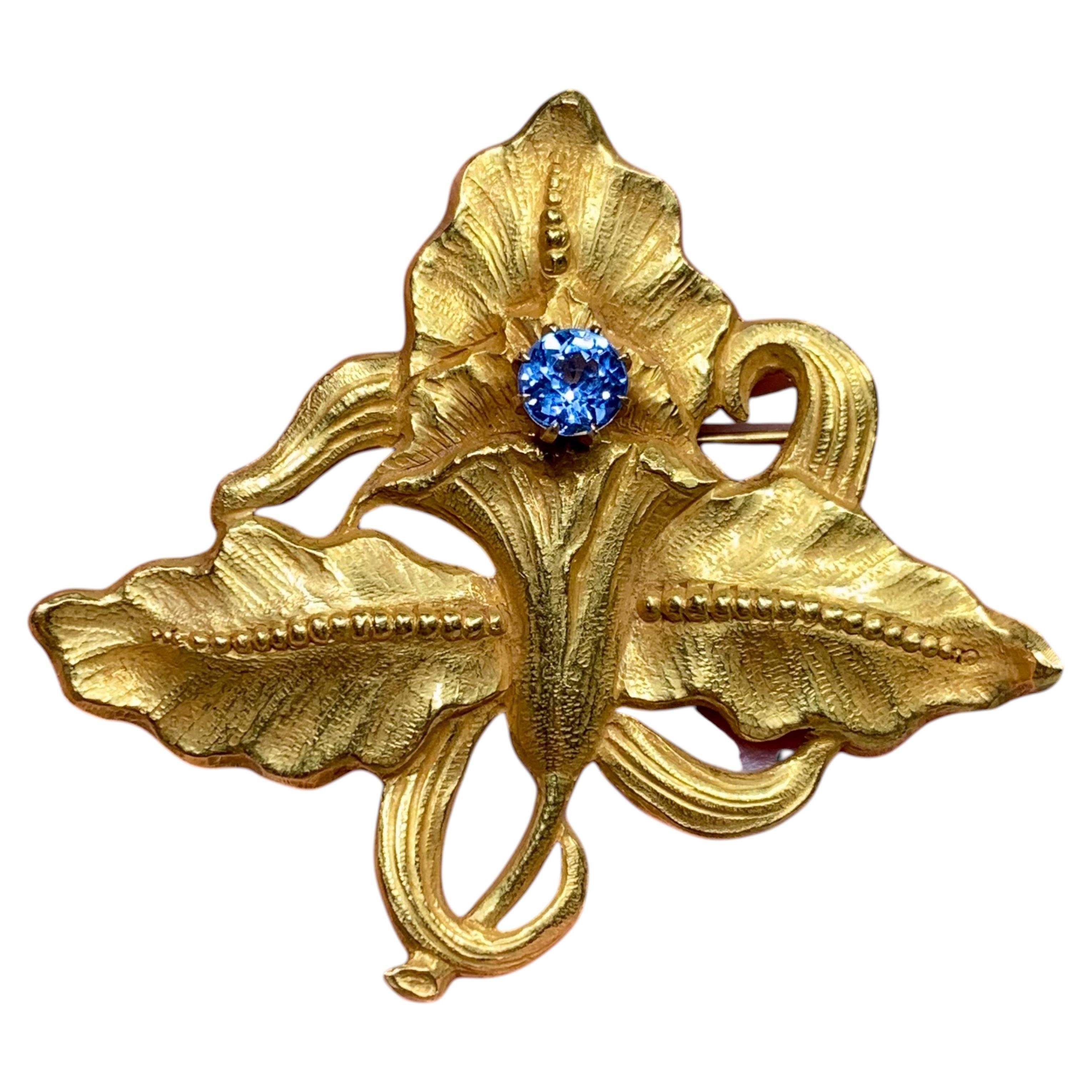Antique Art Nouveau 18K Old Mine Cut Aquamarine Repoussé Iris Brooch