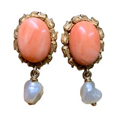 Antique Art Nouveau 18K Pink Coral Baroque Pearl Screwback Floral Earrings