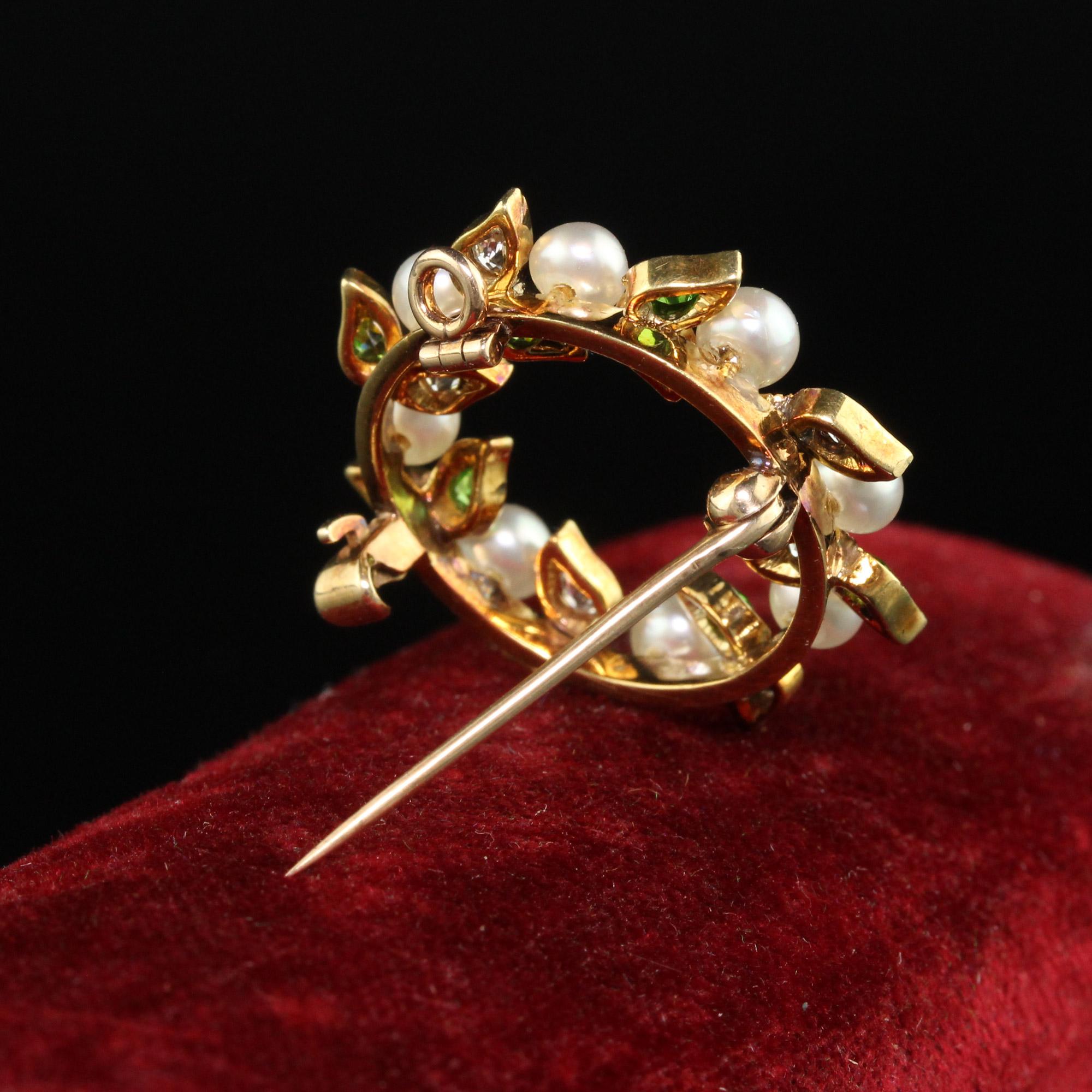 Old Mine Cut Antique Art Nouveau 18K Yellow Gold Demantoid Garnet Diamond and Pearl Pin Penda For Sale