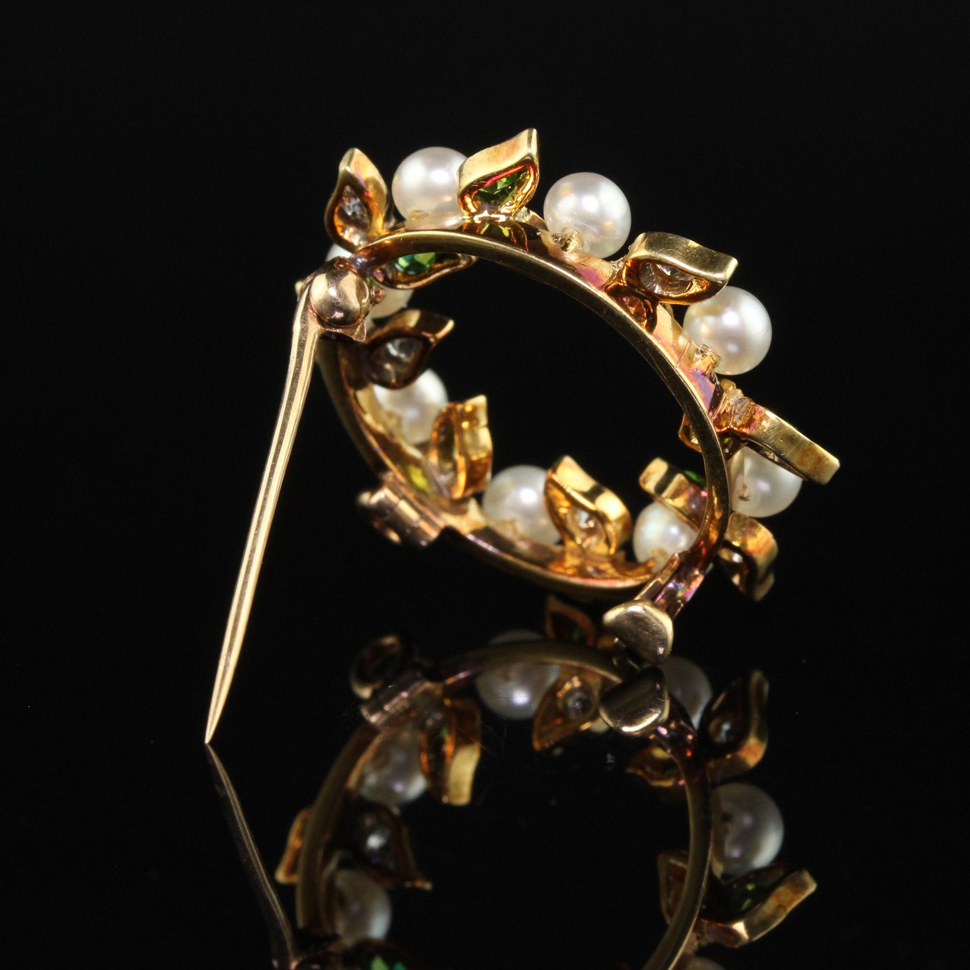 Women's or Men's Antique Art Nouveau 18K Yellow Gold Demantoid Garnet Diamond and Pearl Pin Penda For Sale