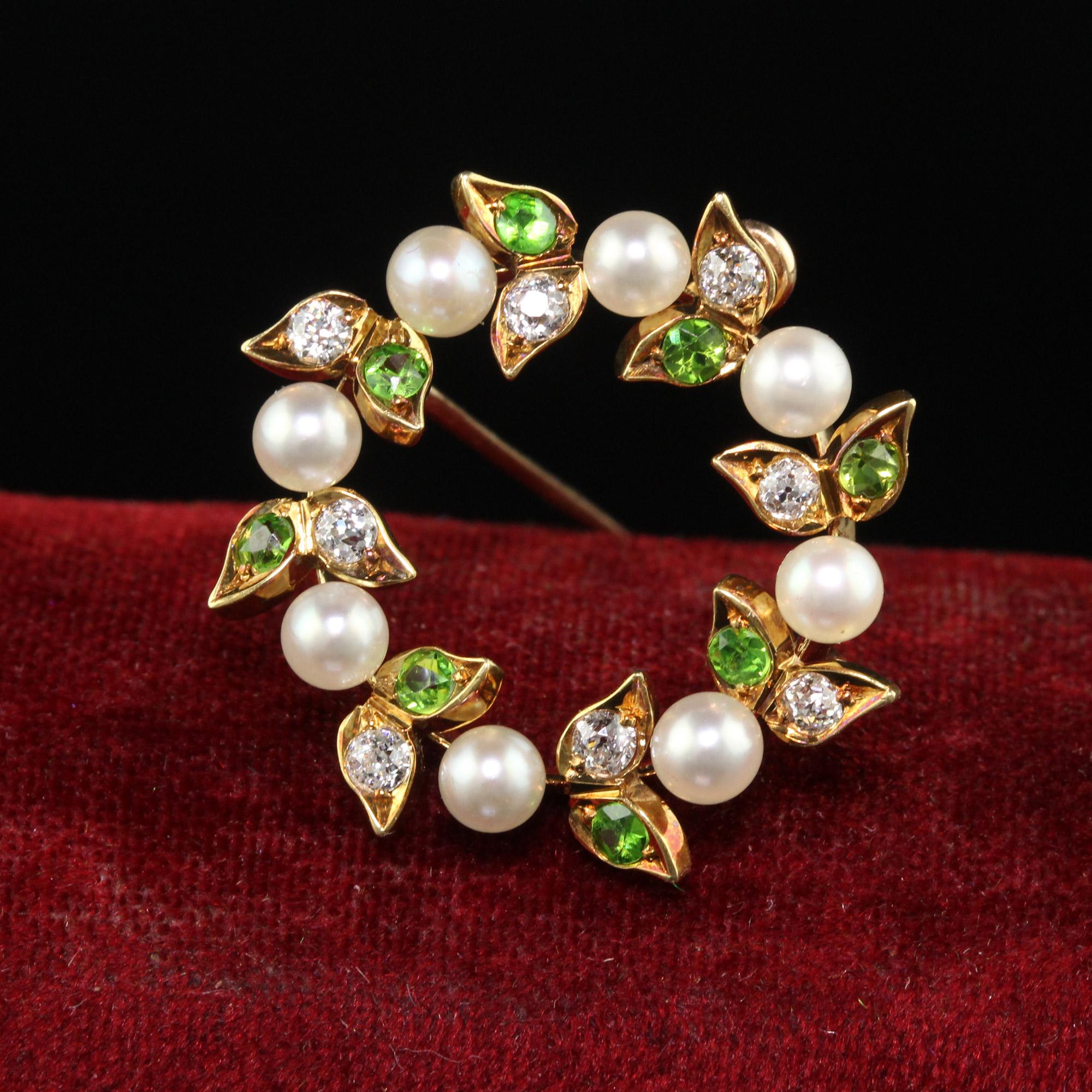Antique Art Nouveau 18K Yellow Gold Demantoid Garnet Diamond and Pearl Pin Penda For Sale 1