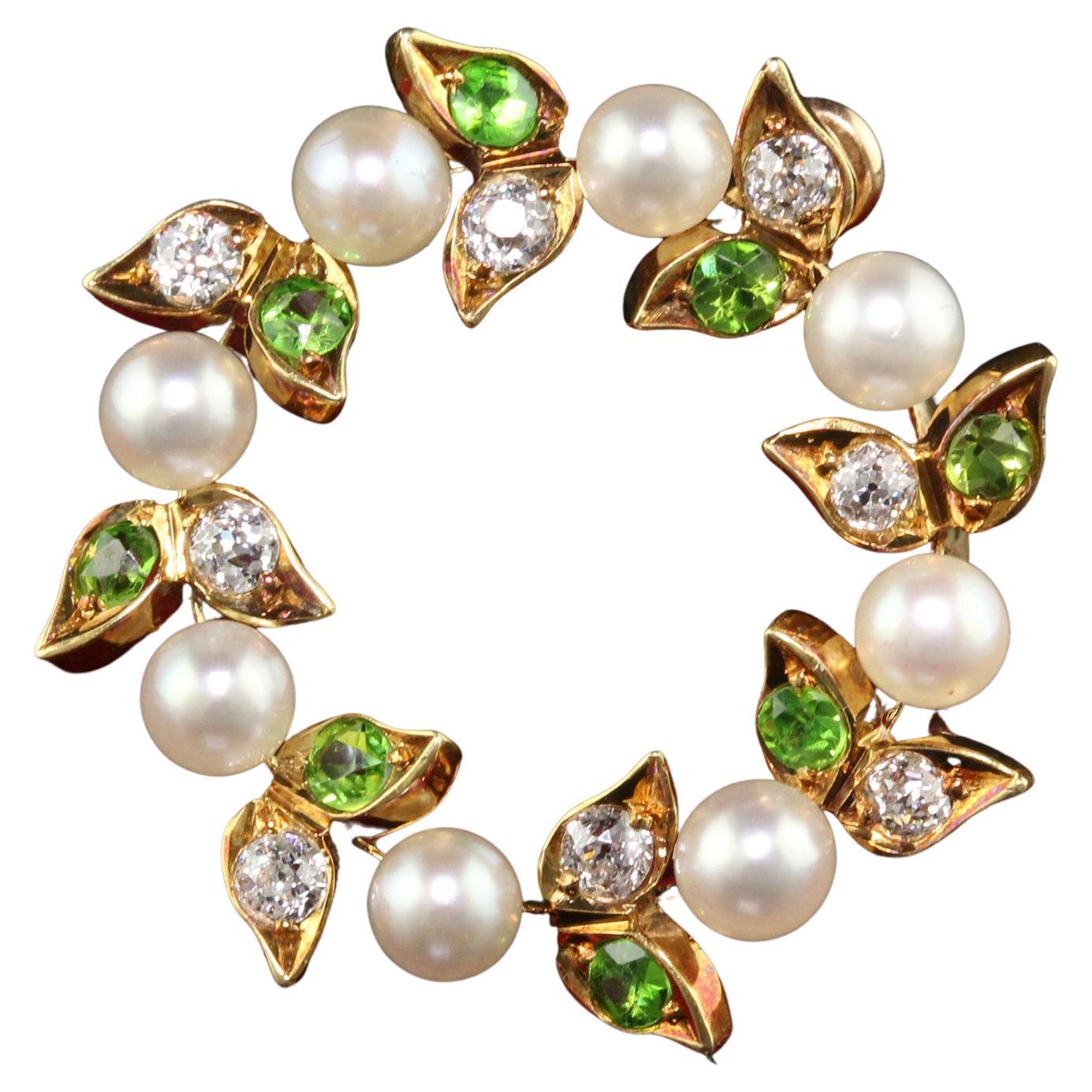 Antique Art Nouveau 18K Yellow Gold Demantoid Garnet Diamond and Pearl Pin Penda