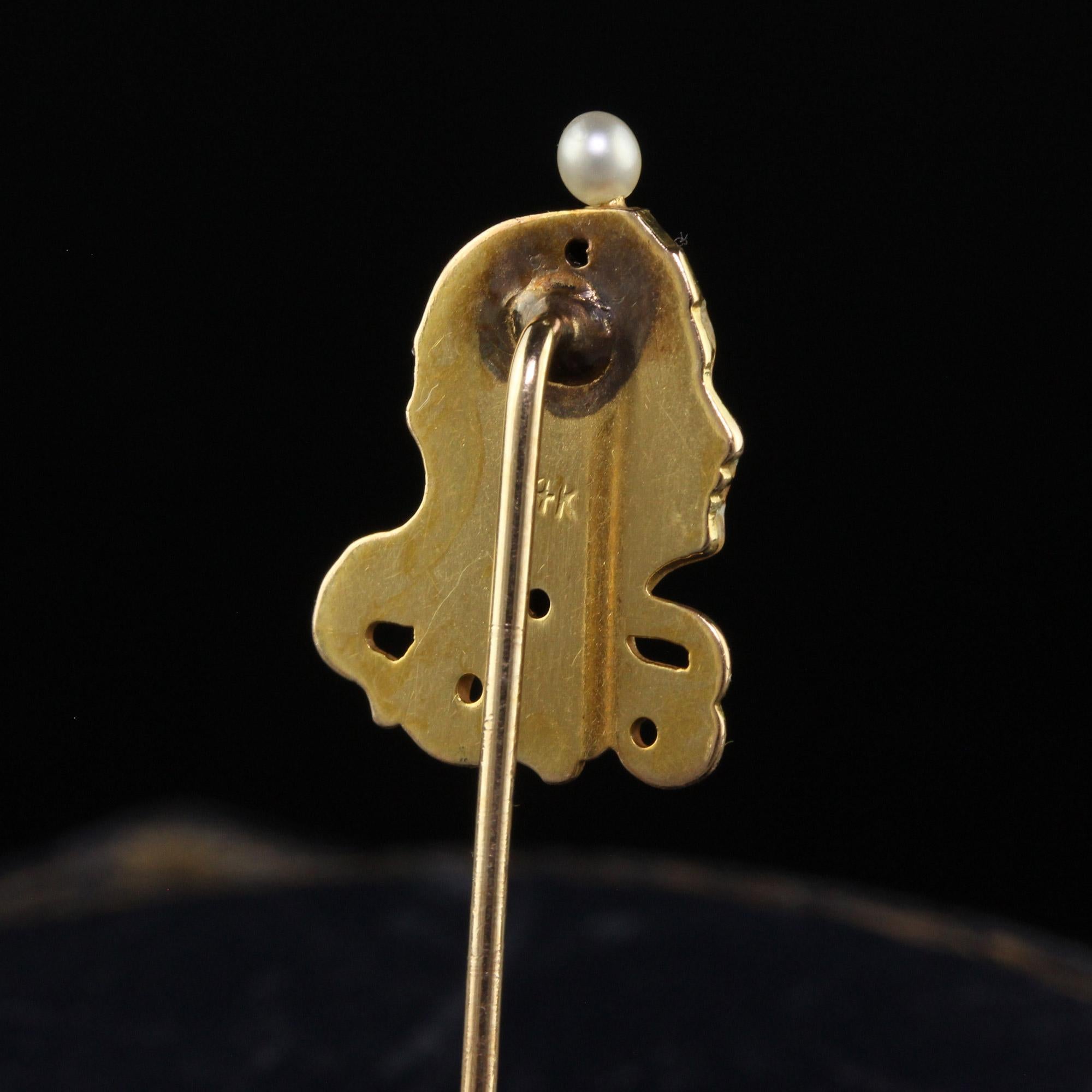 Rose Cut Antique Art Nouveau 18K Yellow Gold Diamond Demantoid Pearl Lady Stick Pin For Sale