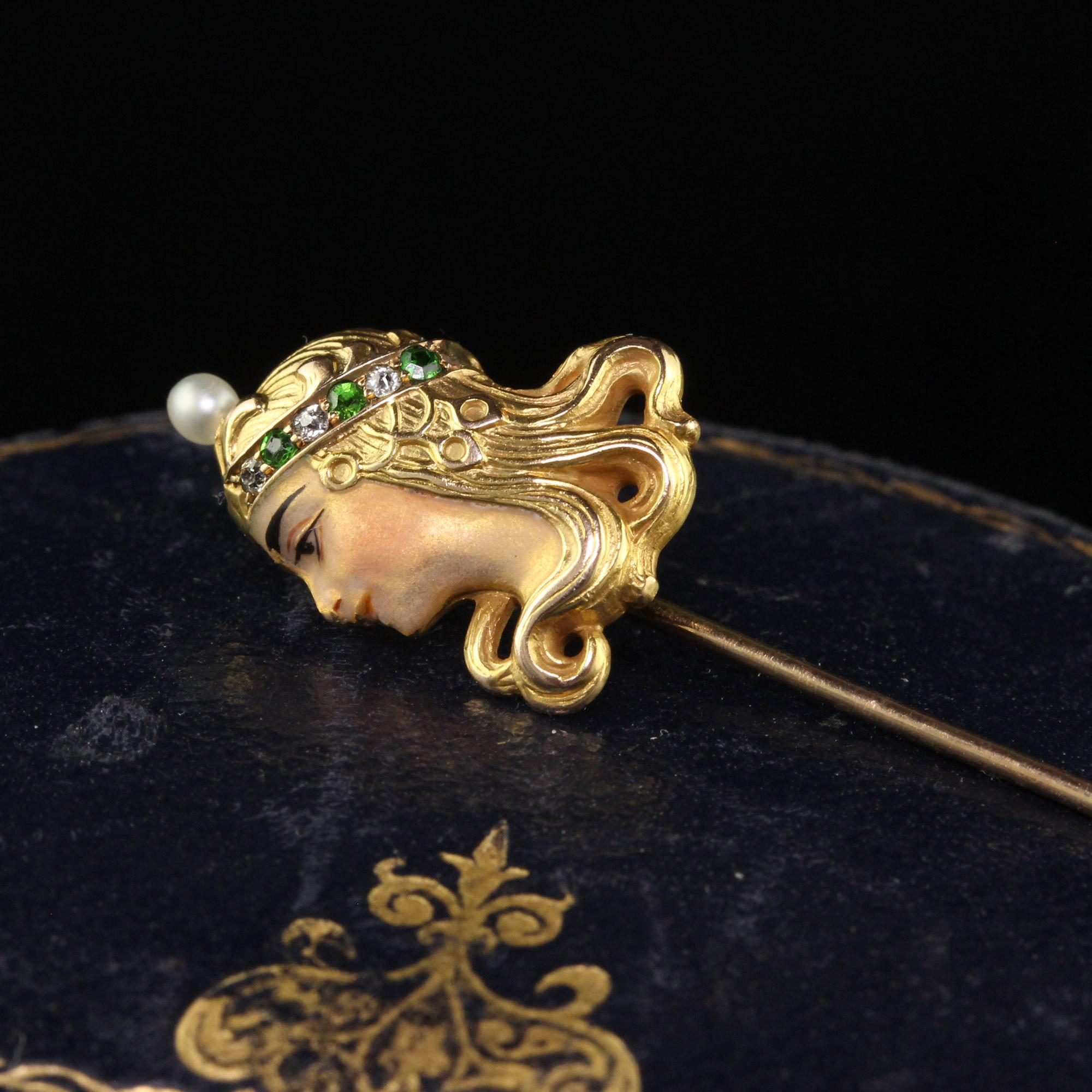 Antique Art Nouveau 18K Yellow Gold Diamond Demantoid Pearl Lady Stick Pin In Good Condition For Sale In Great Neck, NY