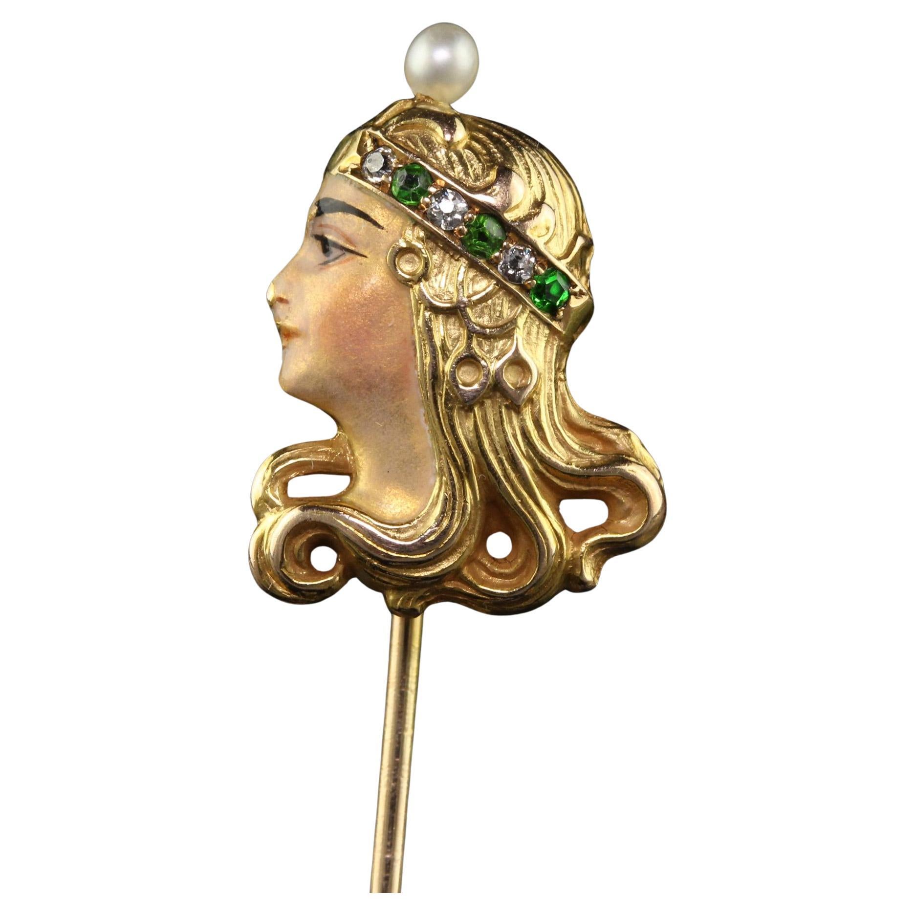 Antique Art Nouveau 18K Yellow Gold Diamond Demantoid Pearl Lady Stick Pin For Sale