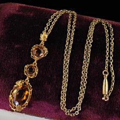 Antique Art Nouveau 18K Yellow Gold Madeira Citrine Floral Drop Pendant Necklace