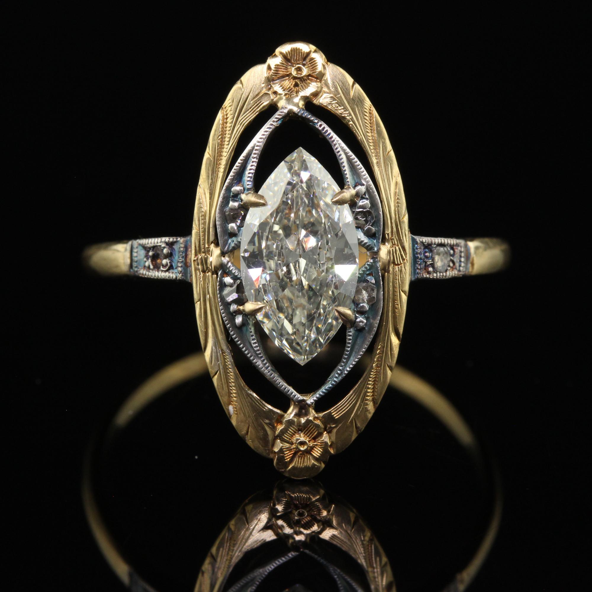 Antique Art Nouveau 18K Yellow Gold Old Cut Marquise Engagement Ring - GIA In Good Condition For Sale In Great Neck, NY