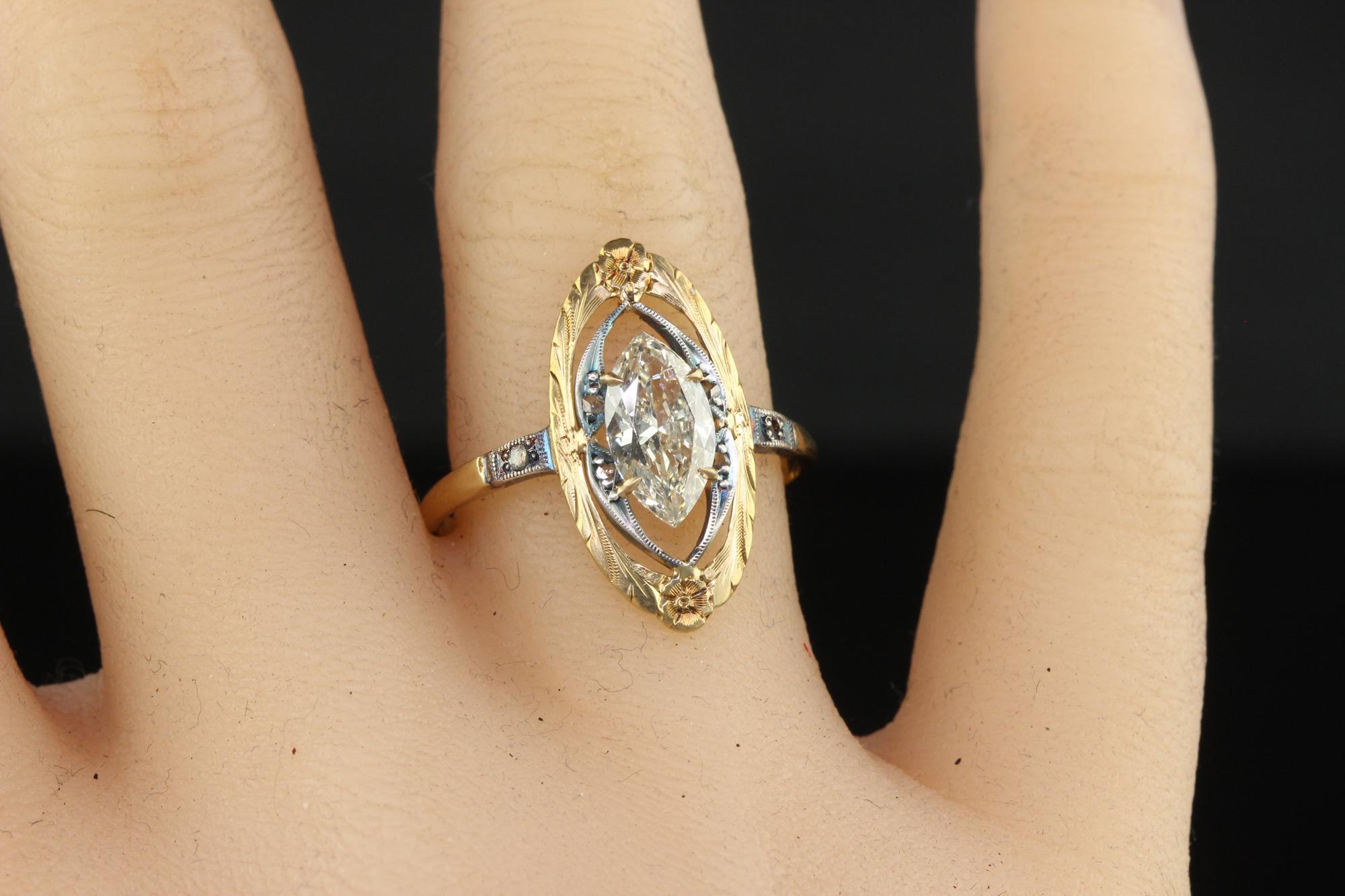 Antique Art Nouveau 18K Yellow Gold Old Cut Marquise Engagement Ring - GIA For Sale 2